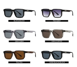 Matrix display of square frame sunglasses with metal arrow accents in various colorways