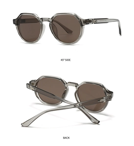 Detail of transparent gray square sunglasses with silver arrow metal hinge accents
