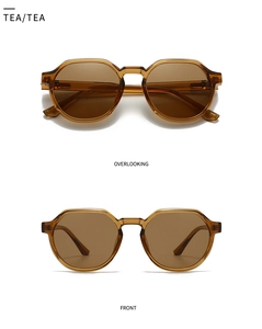 Front and top view of tea-colored geometric sunglasses with translucent square frames