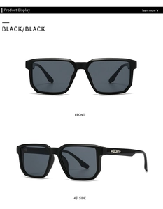 Front and 45-degree side view of black square sunglasses with silver temple details