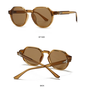 Close-up of retro square sunglasses with brown frames and silver metal arrow hinge detail