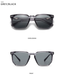 Vorder- und Draufsicht der quadratischen grau-schwarzen Sonnenbrille mit Metallnieten