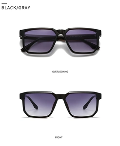 Close-up of black square sunglasses showing front and overlooking views with gray lenses