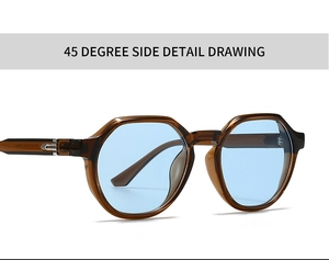 45-degree side view showing translucent brown geometric frame and light blue lenses