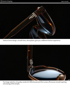 Detail display of durable metal hinges and textured tortoise shell sunglasses frames