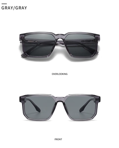 Detailed front and top views of gray translucent square sunglasses with rice-shaped studs