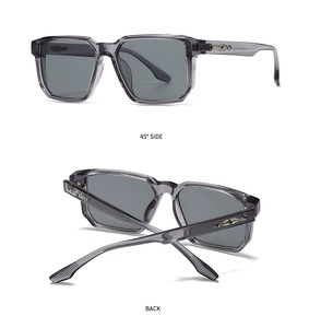 Detailed 45-degree side and back view of grey transparent square frame sunglasses