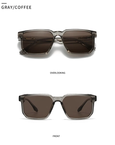 Front and overlooking views of square gray frames with coffee lenses for men