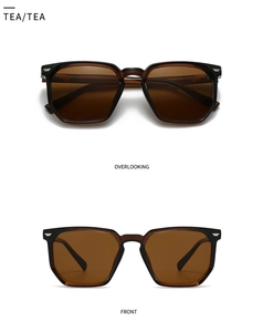 Detailansicht der teefarbenen quadratischen Sonnenbrille mit Silbernieten und transparentem Rahmen