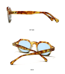 Détail de lunettes de soleil écaillées avec verres bleus et rivets argentés