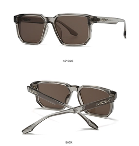 Detail showing 45-degree side and back view of transparent grey square frame sunglasses