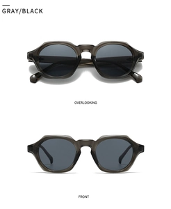 Vues de face et de dessus de lunettes de soleil carrées gris translucide à verres noirs