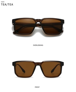 Front and top view of thick square tea colored sunglasses with retro frame design
