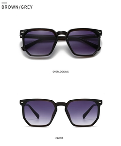 Vorder- und Draufsicht der sechseckigen Sonnenbrille mit braunen Verlaufsgläsern und Nieten