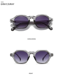 Vues détaillées de face et de dessus de lunettes de soleil carrées grises aux verres violets