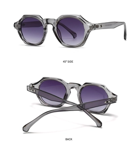 Vue détaillée de lunettes de soleil polygonales grises avec verres dégradés violets