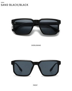 Front and top view of matte black square sunglasses with detailed frame measurements