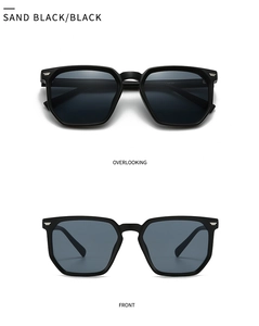 Vorder- und Draufsicht auf matt schwarze geometrische Sonnenbrille mit dunklen Gläsern