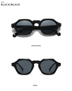 Vue de face et de dessus de lunettes de soleil géométriques noires avec rivets sur la monture