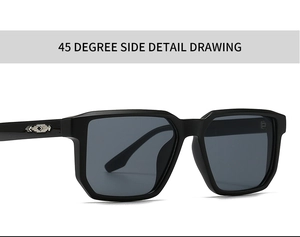Detailed 45-degree view of black square sunglasses featuring silver metal corner accents
