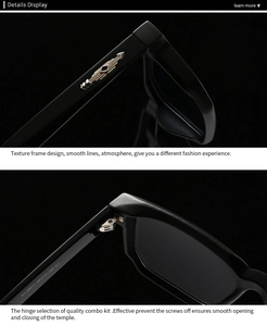 Macro detail of square sunglasses with golden arrow hinges and model specifications