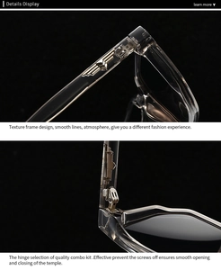 Details der glatten Scharniere und Metallflügel-Verzierungen an der Acetat-Sonnenbrille