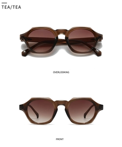 Vue détaillée des lunettes de soleil carrées couleur thé avec verres dégradés et rivets