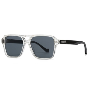 Square transparent frame sunglasses with dark grey lenses and black temples for men