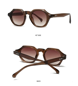 Vue détaillée des lunettes de soleil géométriques couleur thé montrant la texture et les rivets