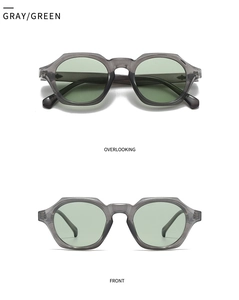 Vues de face et de dessus de lunettes de soleil géométriques grises à verres verts