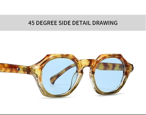 Vue détaillée des lunettes de soleil carrées écaille avec verres bleus et charnières métal