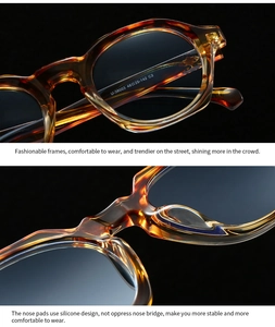 Détail de la monture de lunettes ambre montrant le modèle U-38003 et les plaquettes de nez