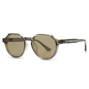 Retro grey translucent polygon sunglasses with brown lenses and silver metal accents