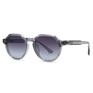 Classic square sunglasses with transparent gray frames and gradient gray-blue lenses