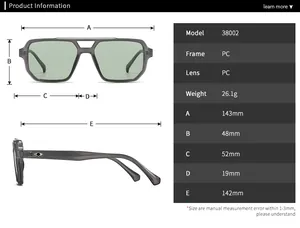 Detailed size specifications and measurements chart for square frame PC sunglasses