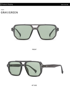 Front and side view of gray translucent square sunglasses with light green lenses