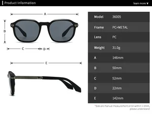 Detailed size specification chart for retro round PC and metal unisex sunglasses