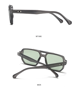 Side and back view of thick frame transparent grey sunglasses with light green lenses