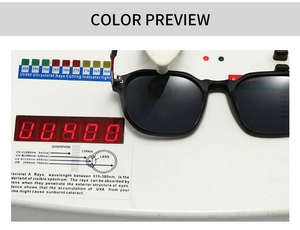 Technical UV400 test showing professional solar protection of black square sunglasses