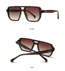 Dual view of brown gradient aviator sunglasses with double bridge and metal rivets