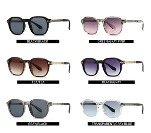 Detailed grid showing multiple color options for square-round sunglasses with metal temples