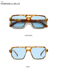 Detail of tortoise frame sunglasses with blue lenses from front and top views