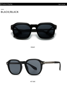 Detailed front and side view of black round sunglasses with arrow metal rivet accents