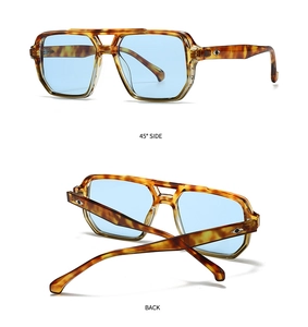 Detail view of retro tortoise shell sunglasses with light blue lenses and silver studs