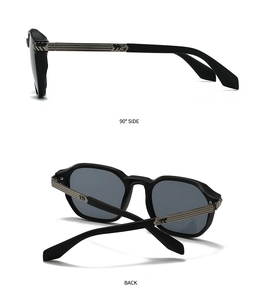 Detailed side and back view of black square sunglasses with metallic temple accents