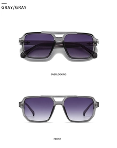 Front and top view of square aviator sunglasses with gray frames and gradient lenses