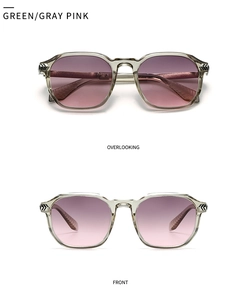 Front and top view of transparent green sunglasses with silver arrow hinge details