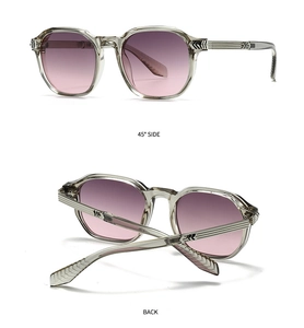 Detail view of transparent grey sunglasses showing silver arrow rivets and purple gradient lenses