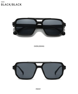 Front and top view of black square frame sunglasses with double bridge design