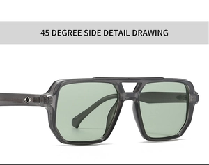 Detailed 45-degree side view of square sunglasses with dual bridge and metal rivets